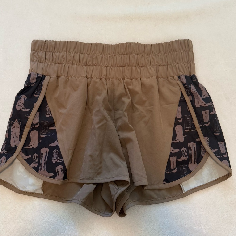 Women’s Western Tan Athletic Shorts with Contrast Panels